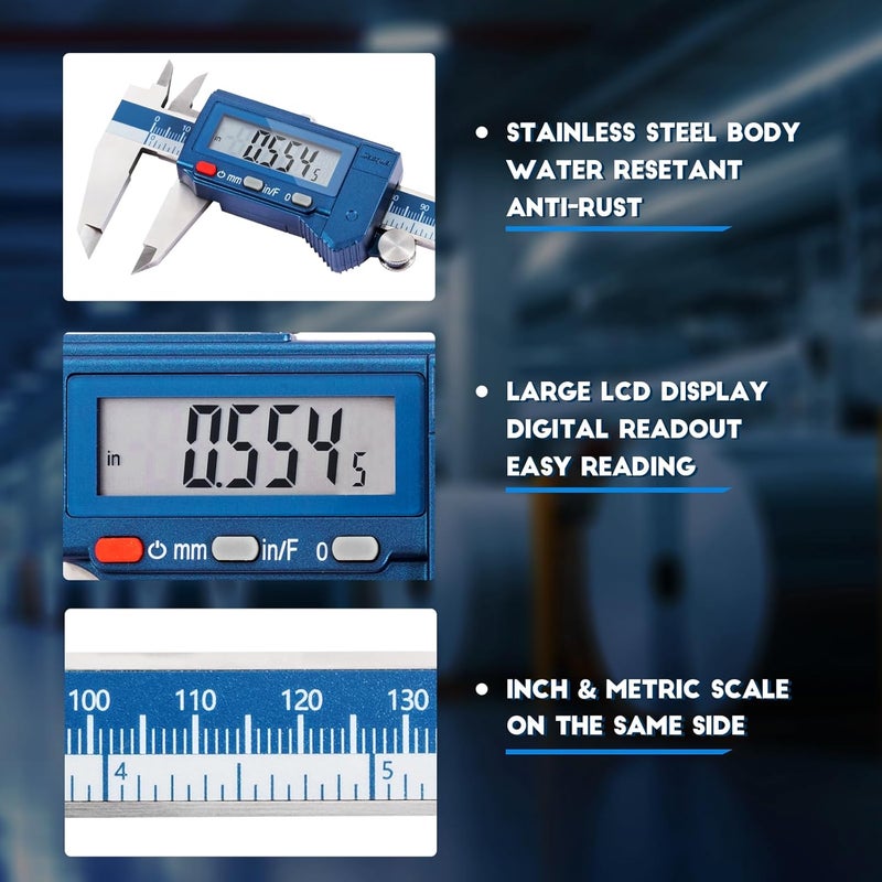Dasqua 6” IP54 Digital Caliper, Stainless Steel Water-Resistant Precision Measuring Tool with Large LCD, Inch/Metric/Fraction Switch, Resolution 0.0005"/0.01mm/1/128, Accuracy ±0.001"/0.02mm - Image 5